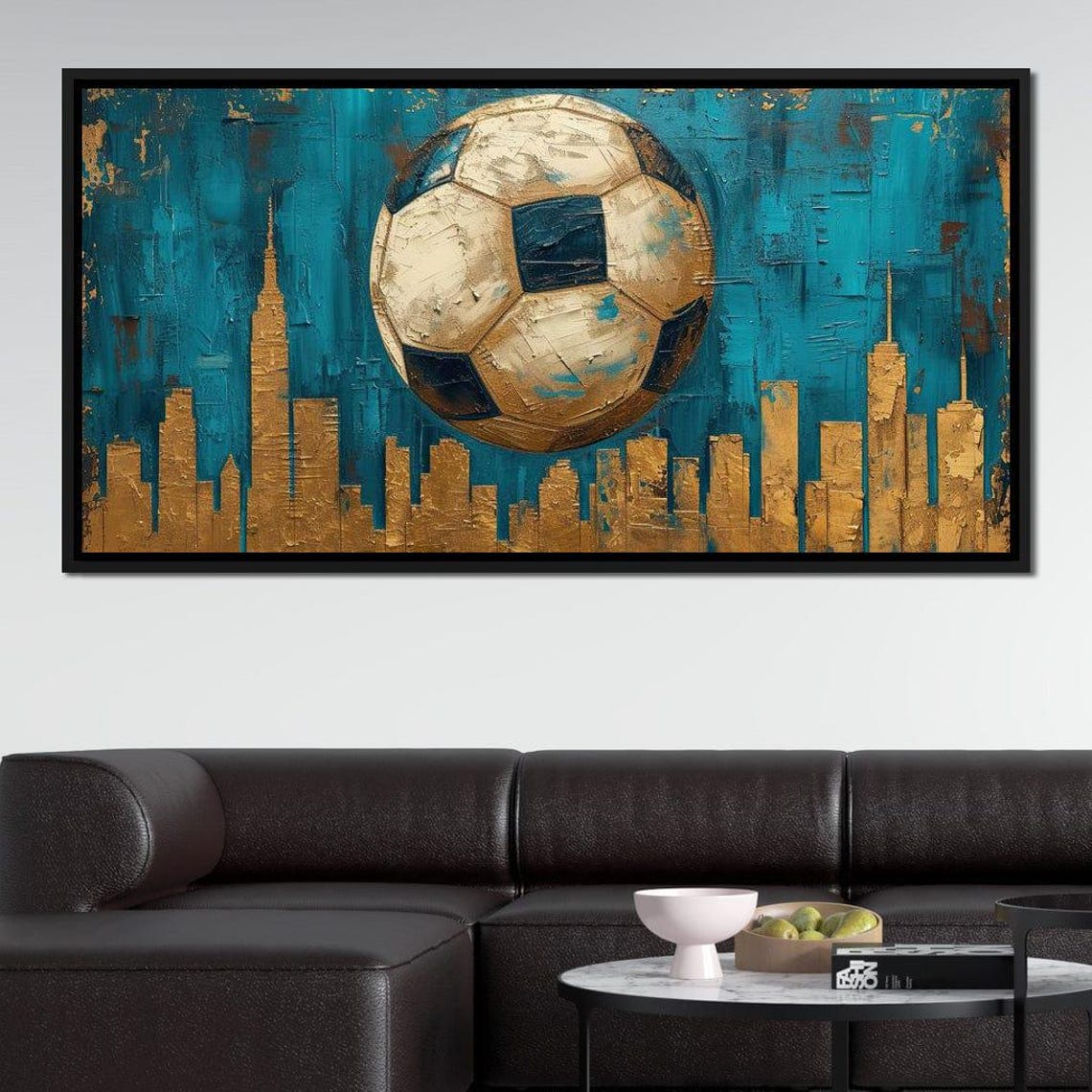 Gold Soccer Ball Teal Skyline Five Panel Canvas Sports Print - Image 3