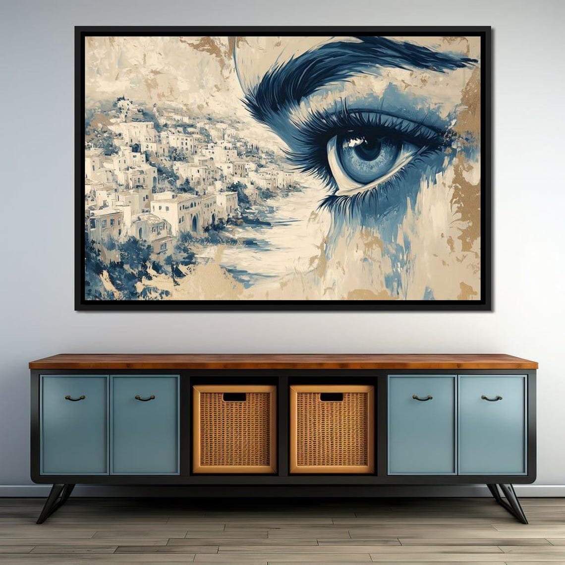 Watchful Blue Eye Coastal Hillside Town Surreal Beige Wall Art - Image 2