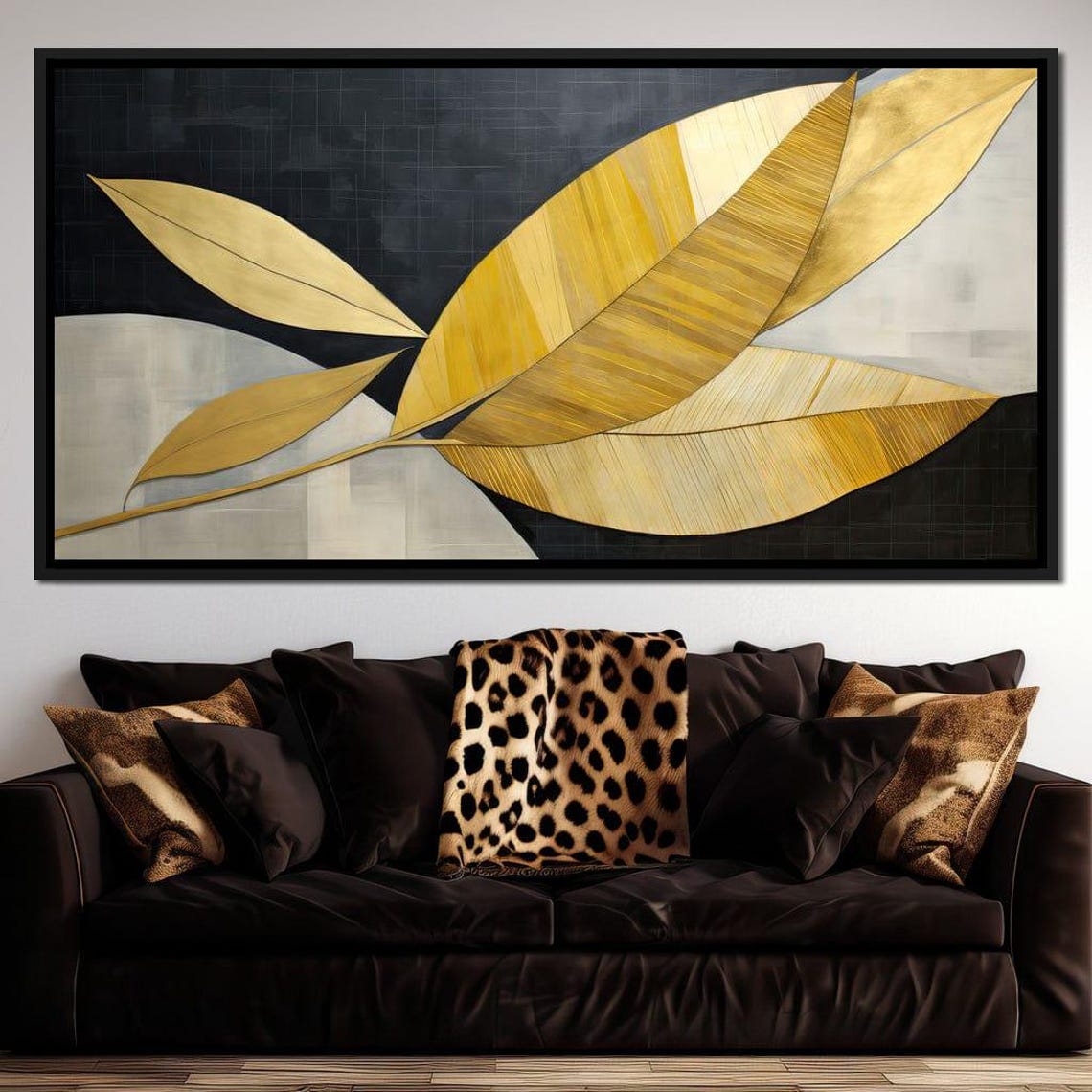 Golden Leaves Branch Black Background Modern Botanical Art Deco Poster