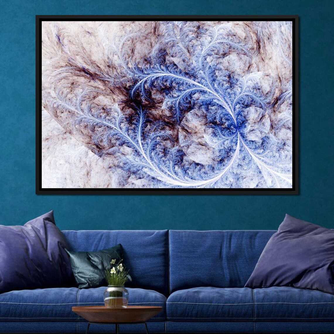 Blue White Icy Fractal Swirl Abstract Modern Wall Art Print Decor