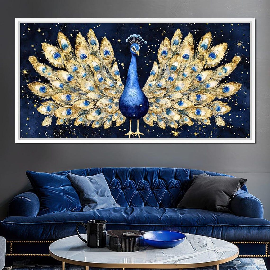 Blue Peacock With Golden Tail Feathers Under A Starry Sky Poster - Image 2