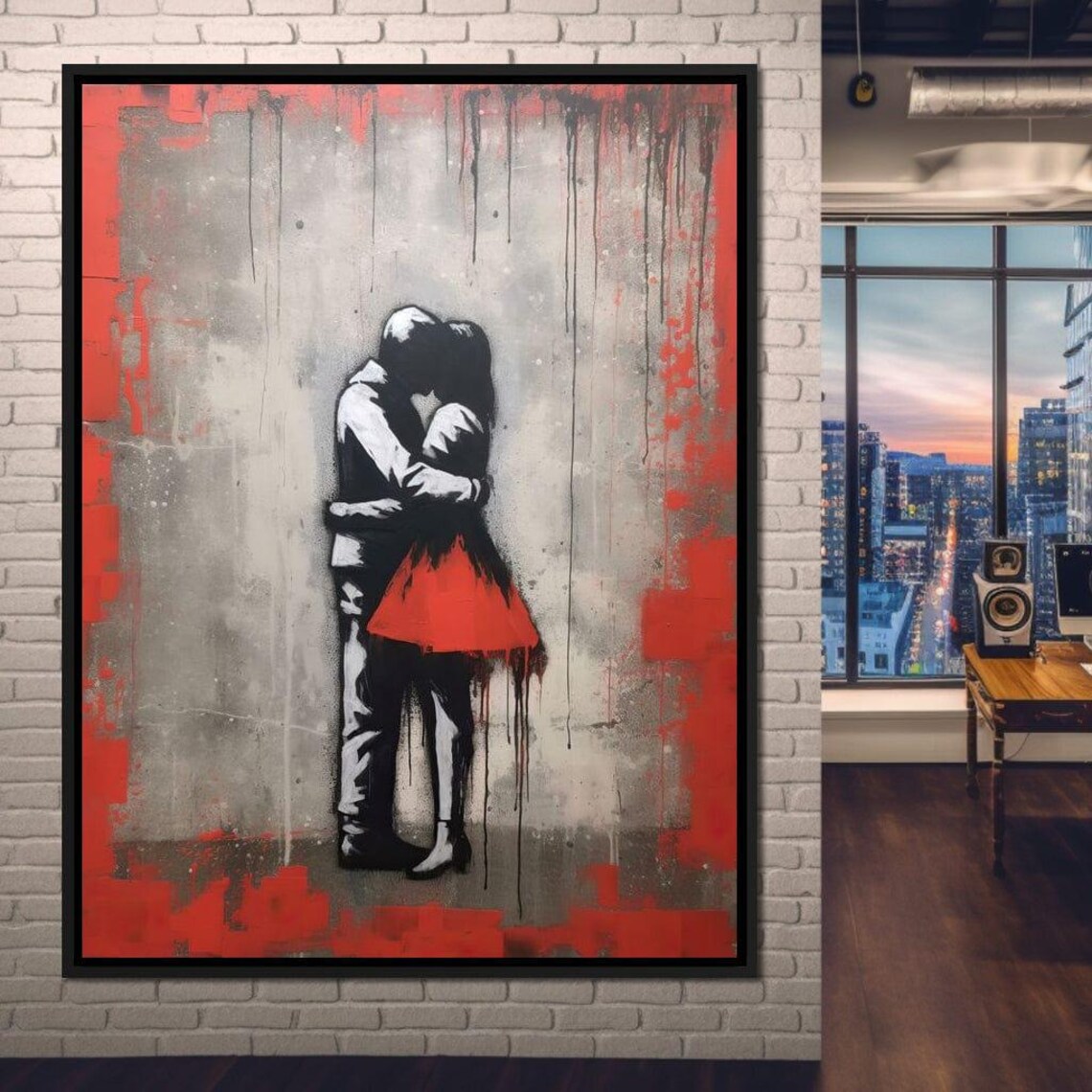 Urban Couple Embrace Stencil Street Art Red Gray Love Wall Poster
