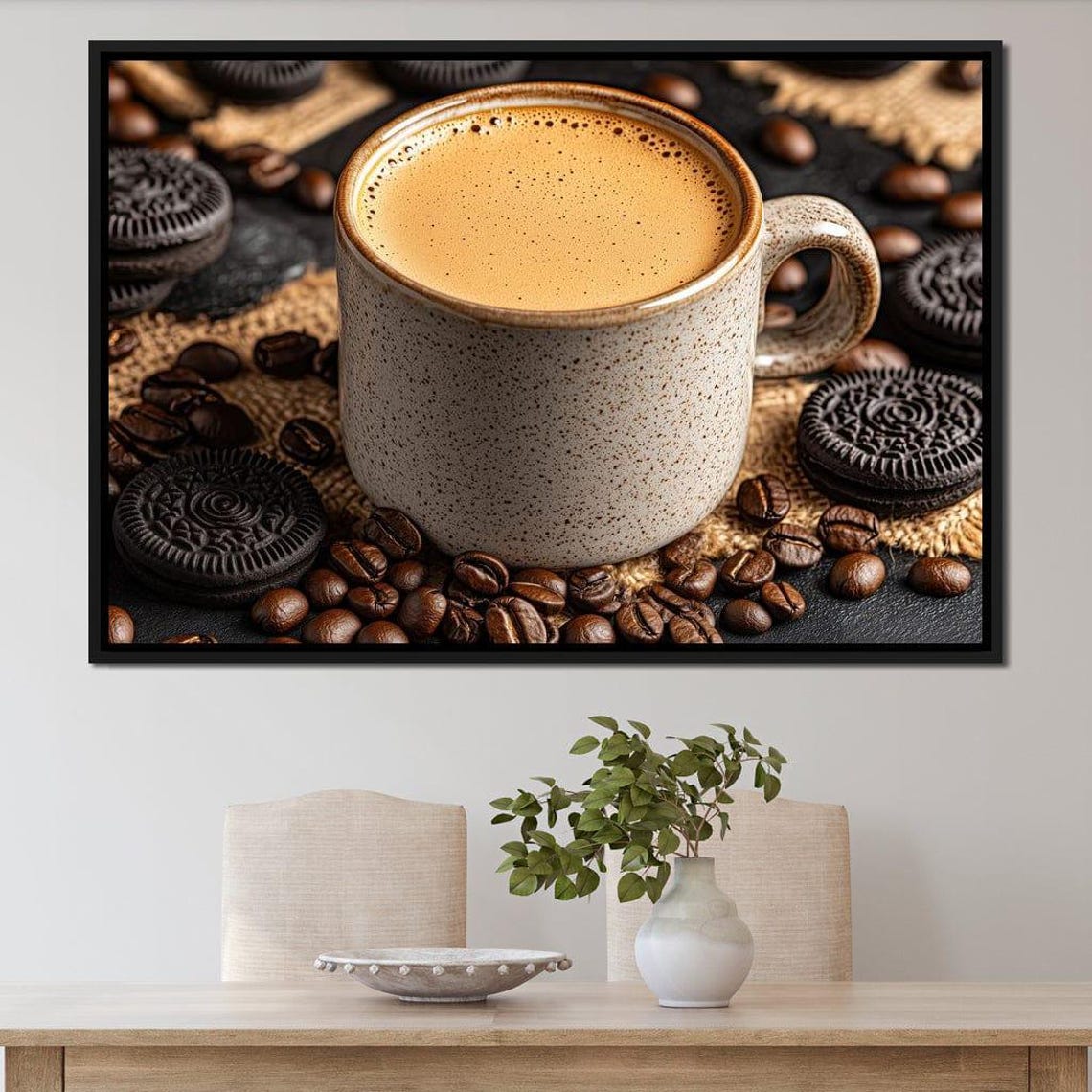 Steaming Coffee In Ceramic Mug Coffee Beans Cookies Dark Rustic Poster - Image 2