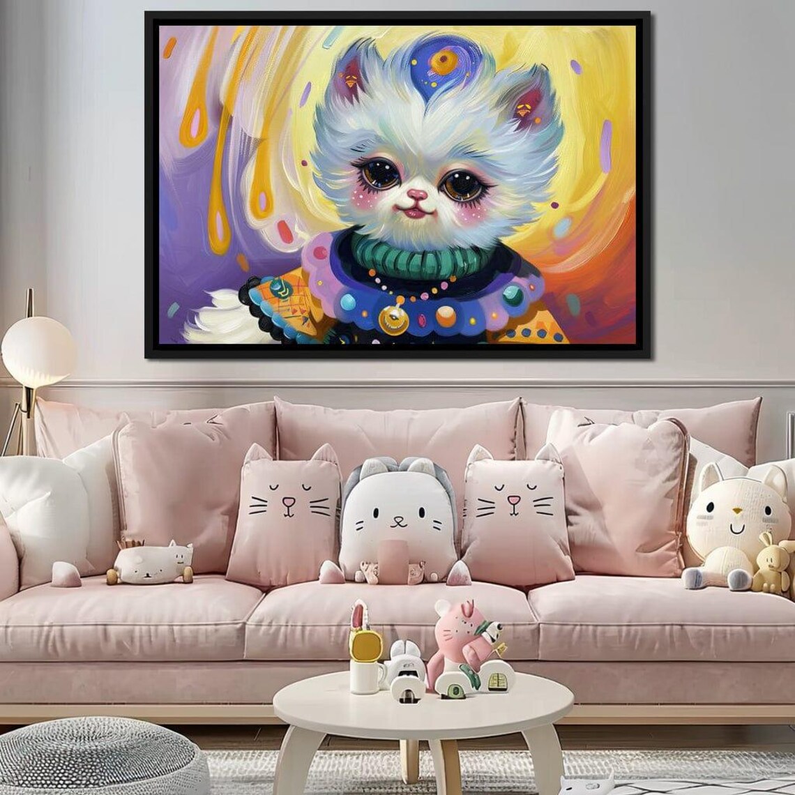 Whimsical Fantasy Cat Big Eyes Pastel Colorful Kids Room Animal Wall Poster - Image 3