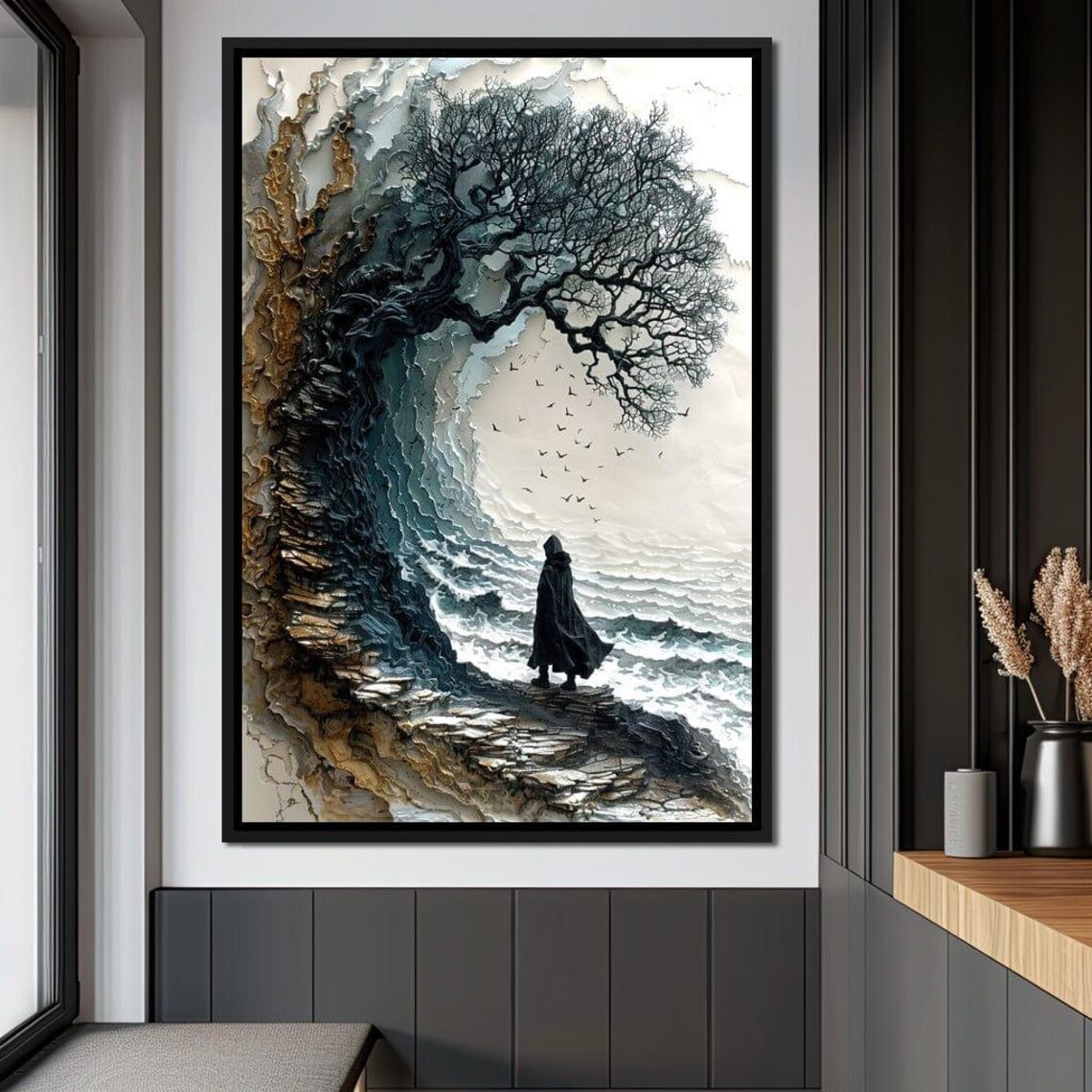 Lone Hooded Figure By Sea Surreal Mystical Wave Ocean Wall Art - Image 3
