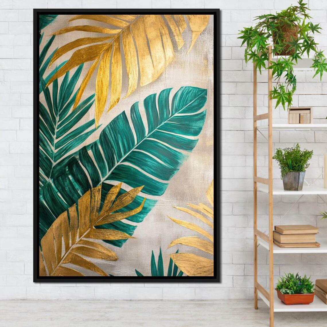 Golden Palm Leaves Teal Fronds Grey Luxe Tropical Botanical Print - Image 3