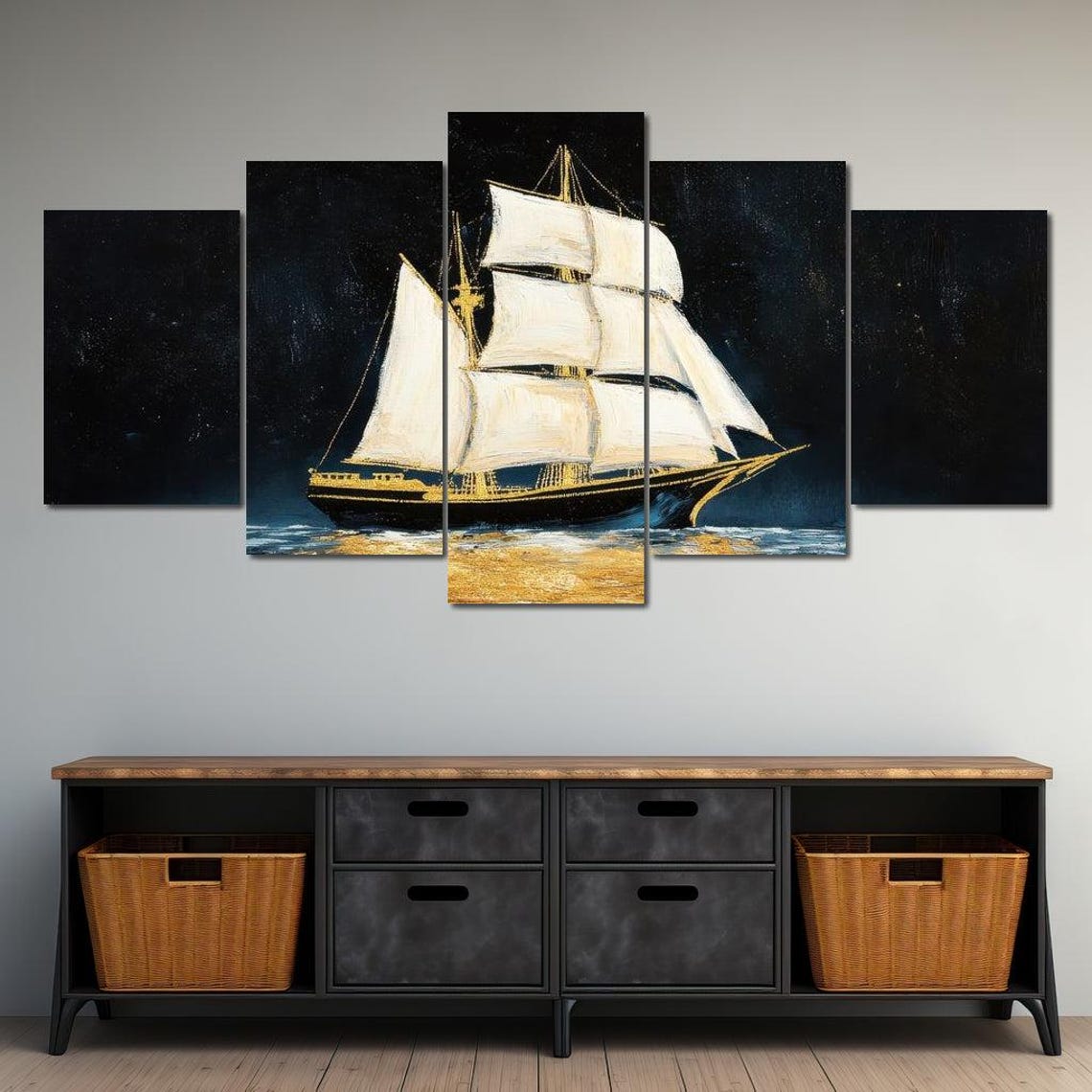 Sailing Ship At Night Golden Reflection Moonlit Ocean Poster - Image 4