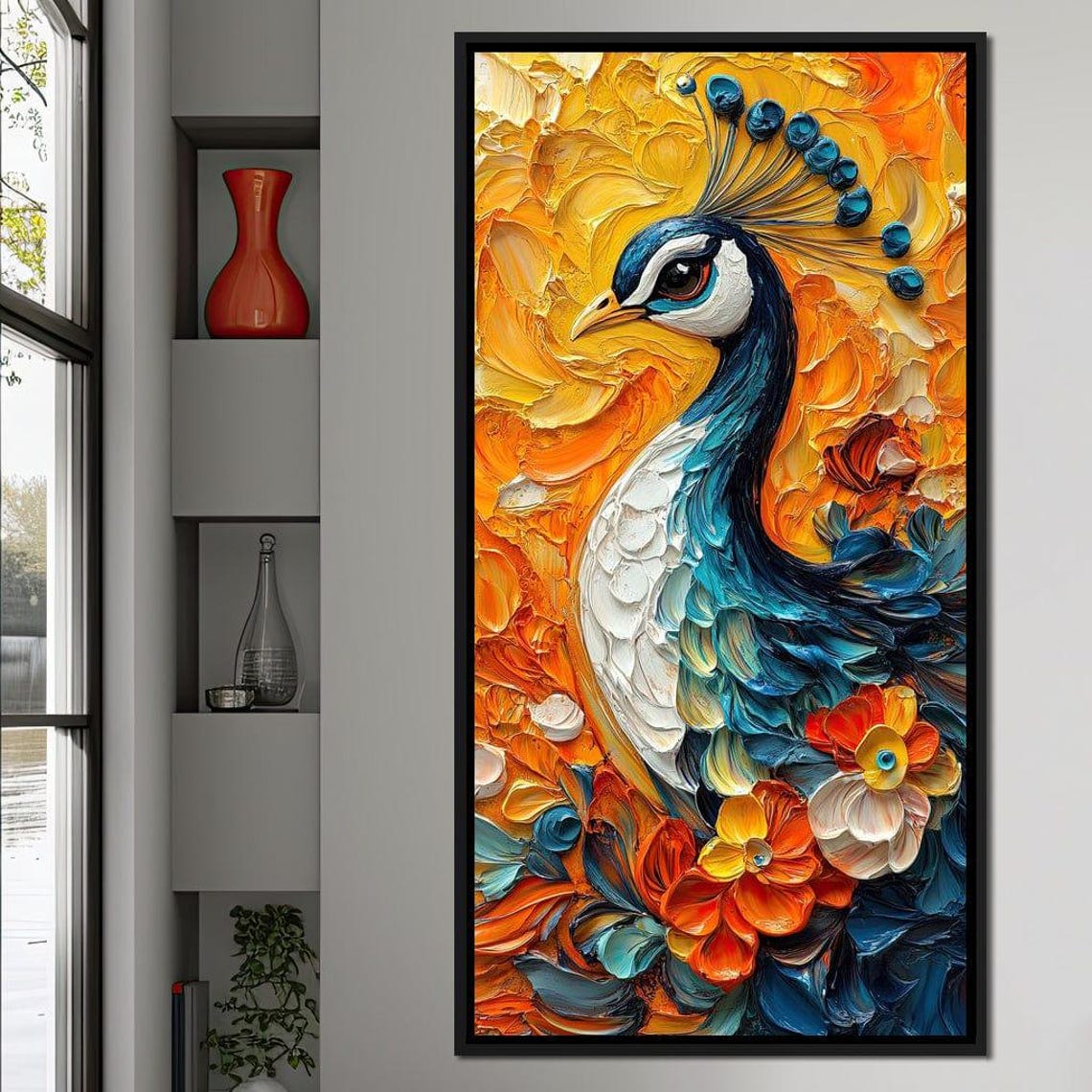 Peacock Impasto Vibrant Orange Blue Floral Textured Modern Art Poster - Image 2