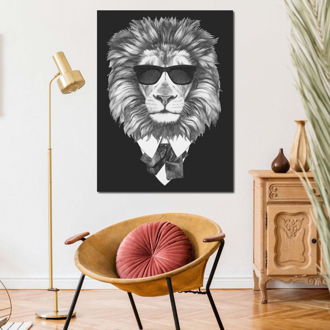 Lion In Sunglasses And Tie Pencil Sketch Black Cool Gentleman Animal Wall Poster - Image 3