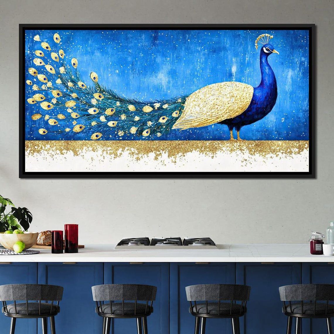 Majestic Peacock With Gold Glitter Tail On A Blue Night Poster