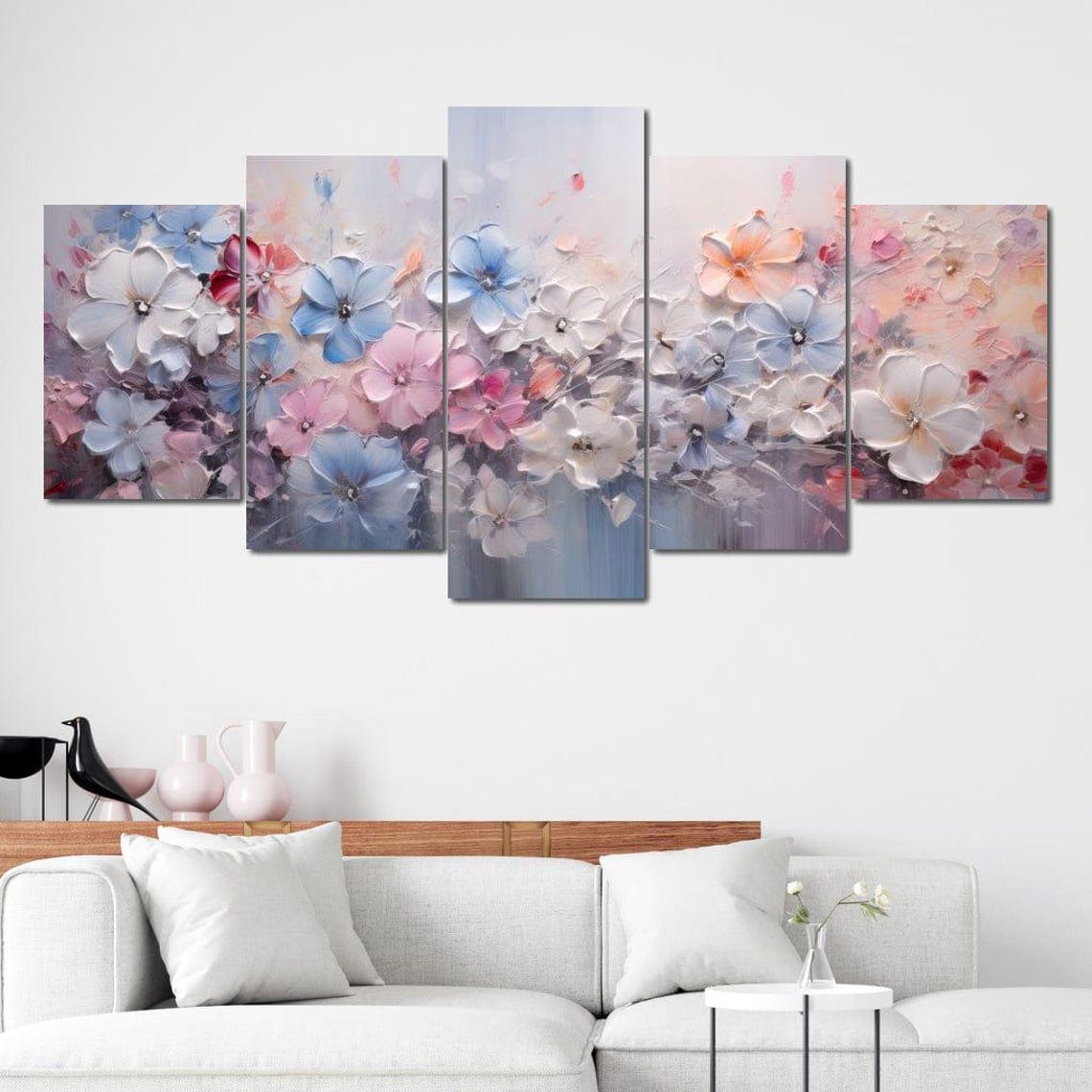 Pastel Wildflower Meadow Five Panel Canvas Floral Wall Art Poster - Image 4