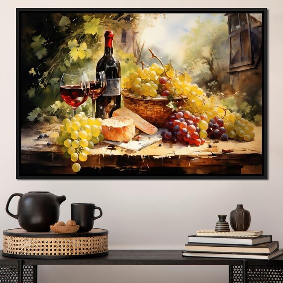 Sunlit Vineyard Wine Grapes Bread Basket Rustic Still Life Wall Art