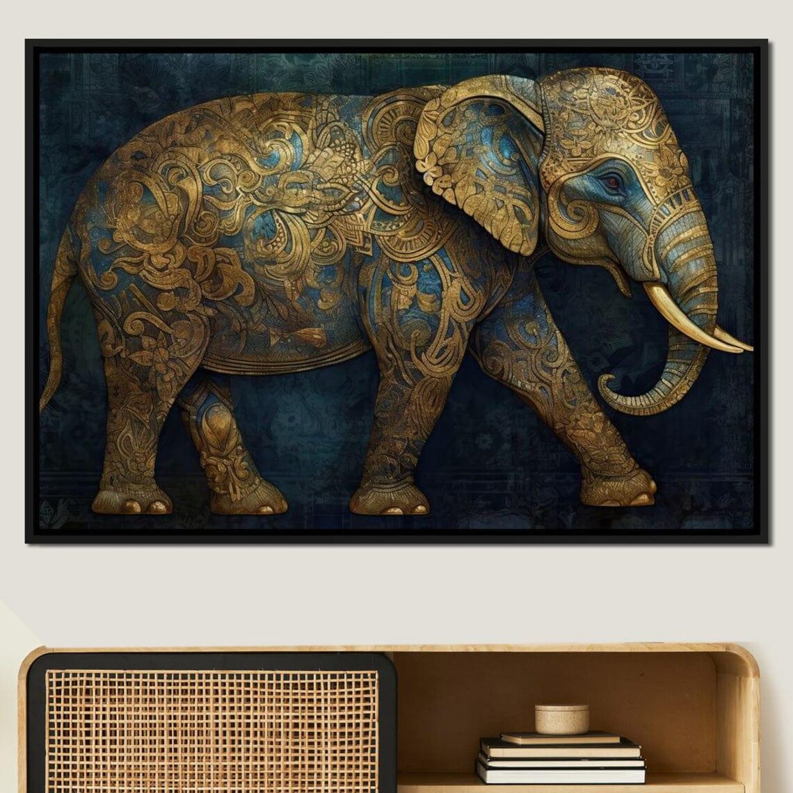 Majestic Gilded Filigree Elephant Ornate Gold Teal Wildlife Wall Art - Image 2
