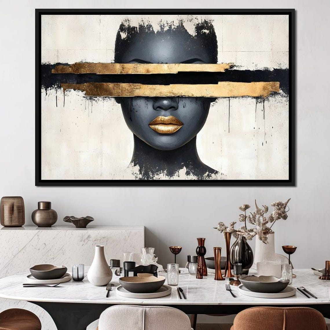 Mysterious Dark Portrait with Gold Leaf Lips Minimalist Poster - Image 3