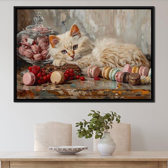 Fluffy White Cat Macaron Dessert Oil Painting Sweet Whimsical Animal Wall Poster