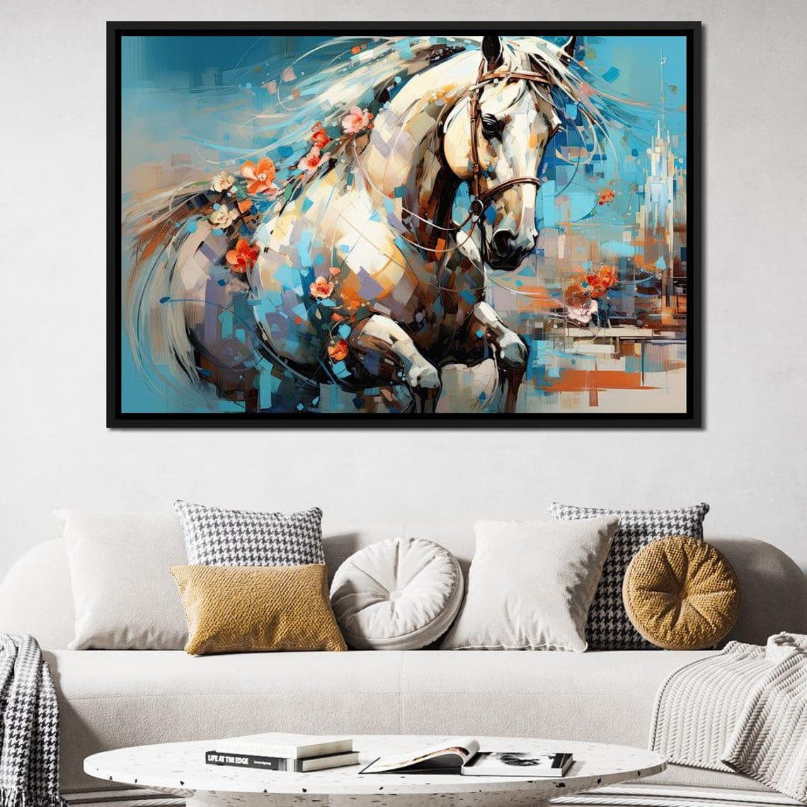 White Galloping Horse Blue Floral Abstract Equine Painting Wall Art - Image 2