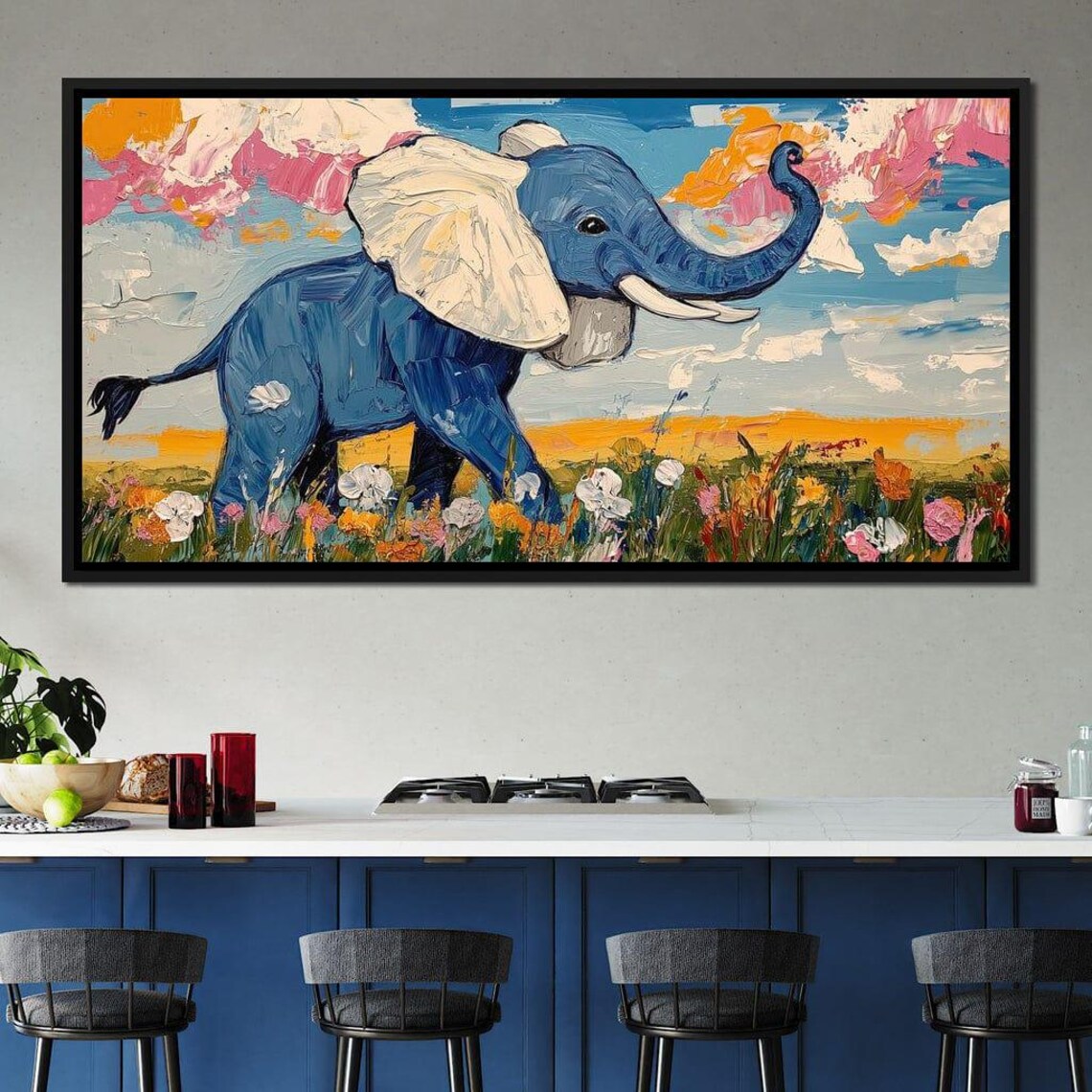 Baby Blue Elephant Flower Meadow Pink Sky Impasto Painting Wall Art Poster - Image 2