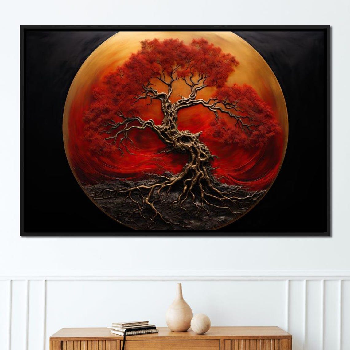 Crimson Red Tree Against Golden Moon Mystical Night Forest Wall Poster