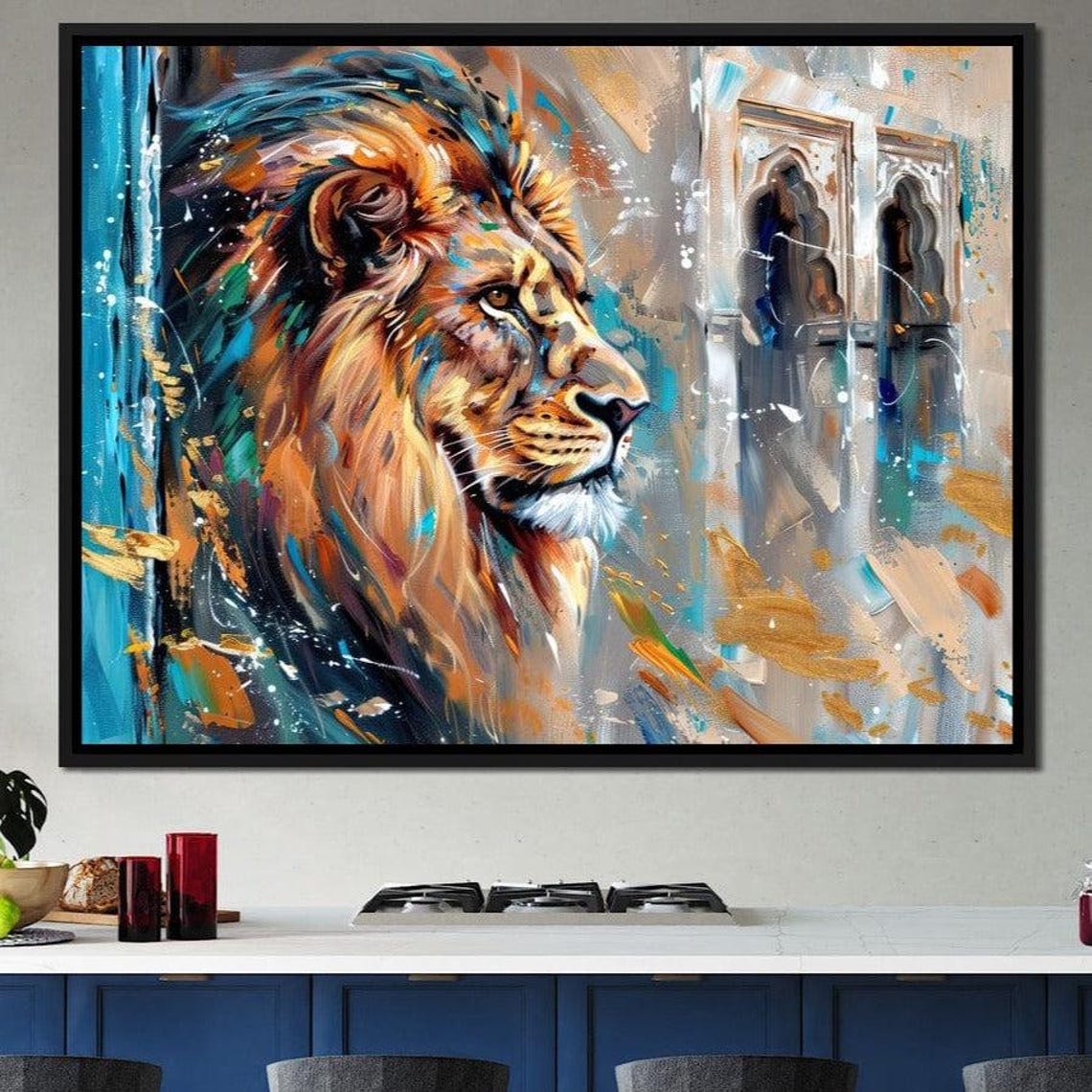 Regal Lion Portrait Vibrant Brushstroke Turquoise Gold Wall Art Poster - Image 4