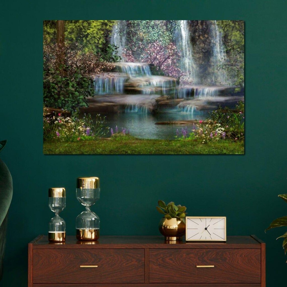 Fairy Cascade Waterfall Art Enchanted Forest Wall Art Serene Waterfall Painting Tranquil Nature Scene Decor By Nichecanvas - Image 3
