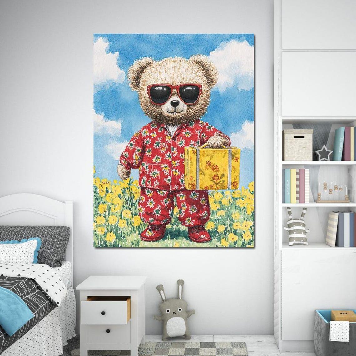 Cool Teddy Bear In Sunglasses With Yellow Suitcase Kids Room Wall Art - Image 2