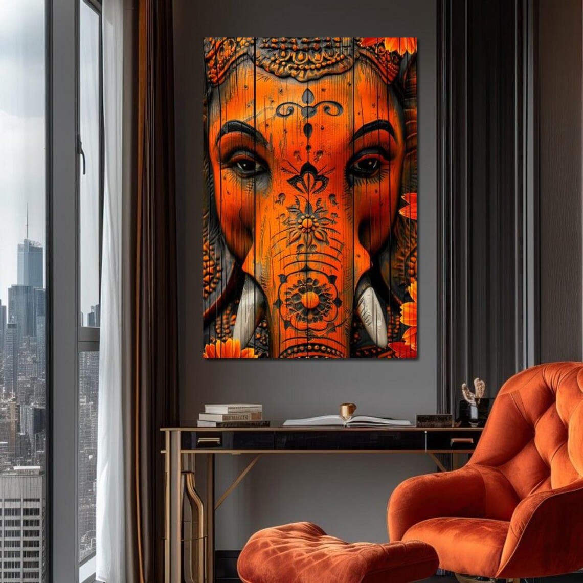Orange Ganesha Face Intricate Carved Style Hindu Spiritual Decor Art Poster - Image 2