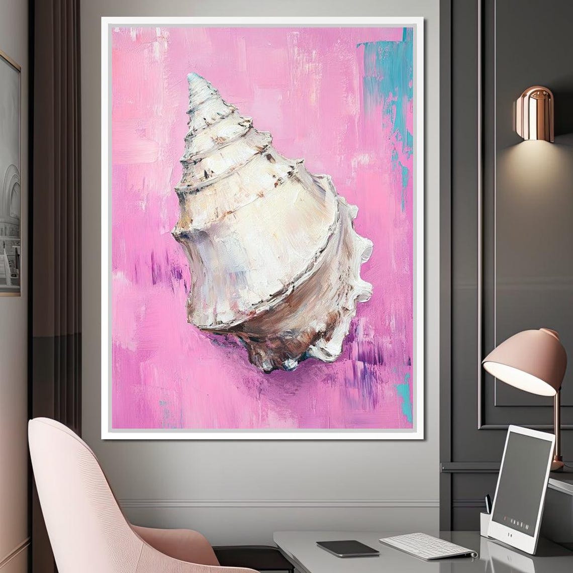 White Conch Seashell Pink Background Coastal Beach Wall Art Print - Image 2