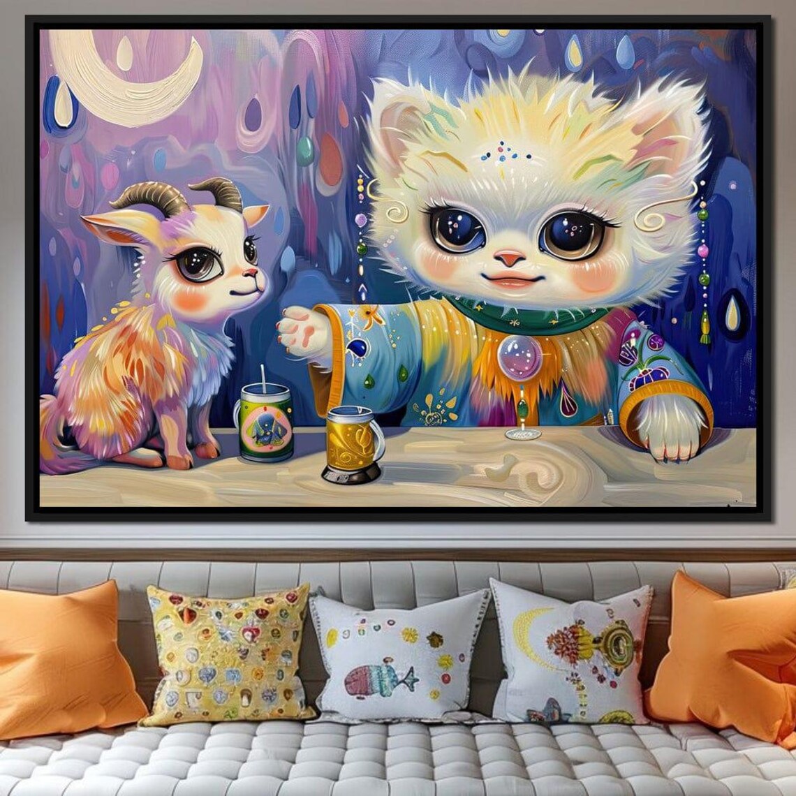 Cute Kitten And Baby Goat Tea Party Starry Night Whimsical Kids Room Wall Poster - Image 4
