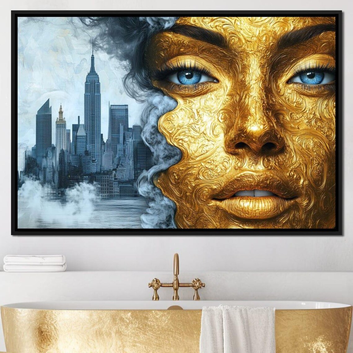 Golden Woman Face Blue Eyes Smoky New York City Skyline Wall Art