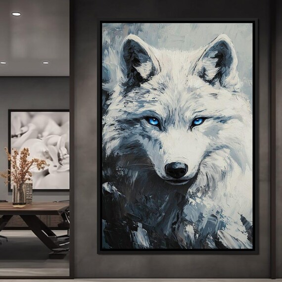 White Wolf Blue Eyes Close Up Painterly Winter Wildlife Wall Art Print