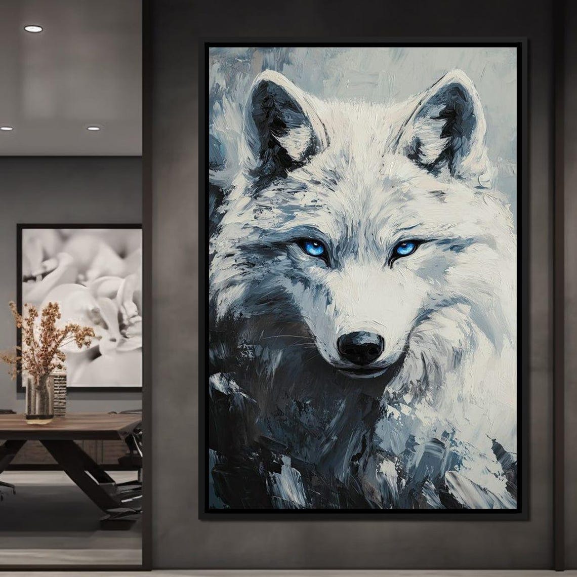 White Wolf Blue Eyes Close Up Painterly Winter Wildlife Wall Art Print