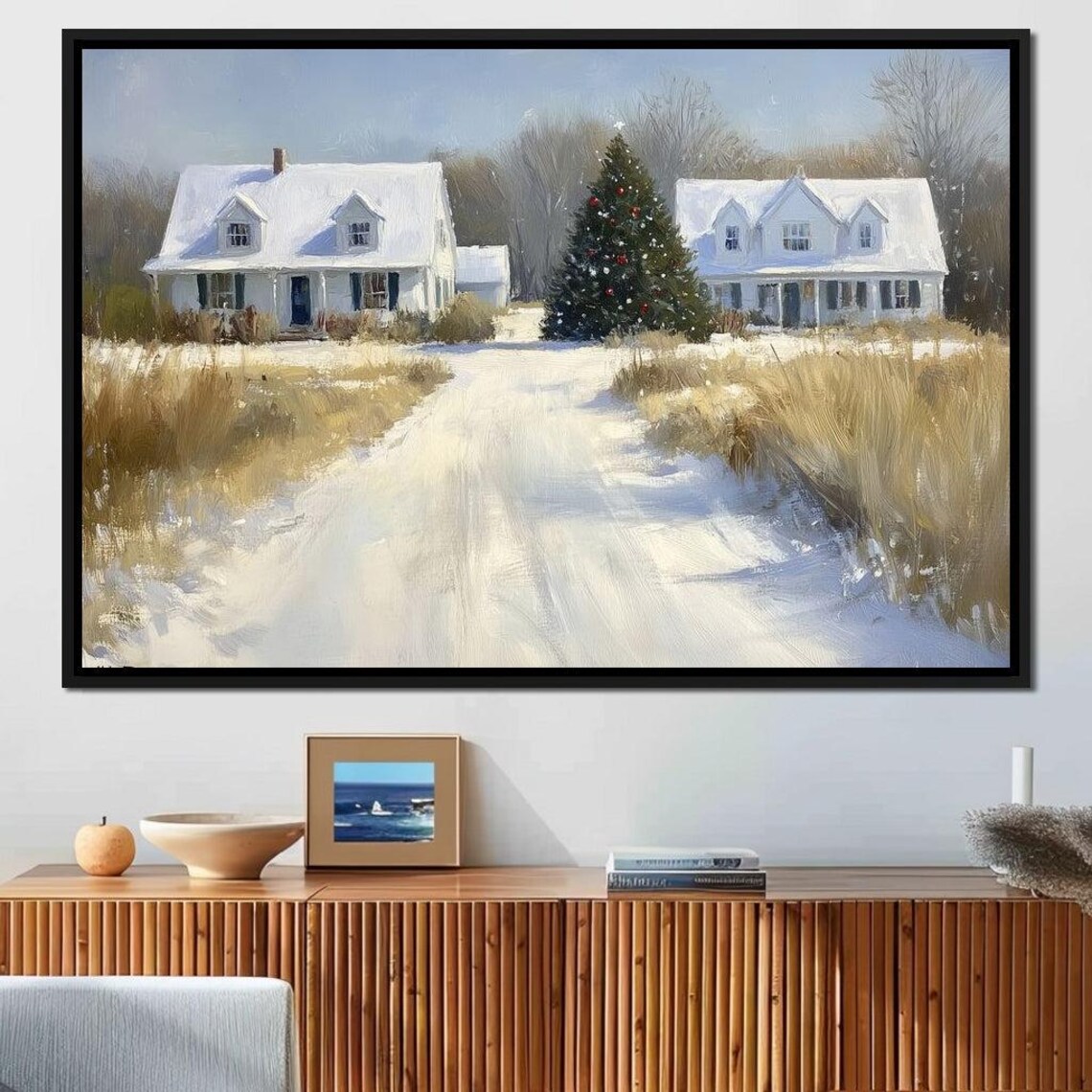 Snowy Winter Homestead White Farmhouse Christmas Tree Lane Poster