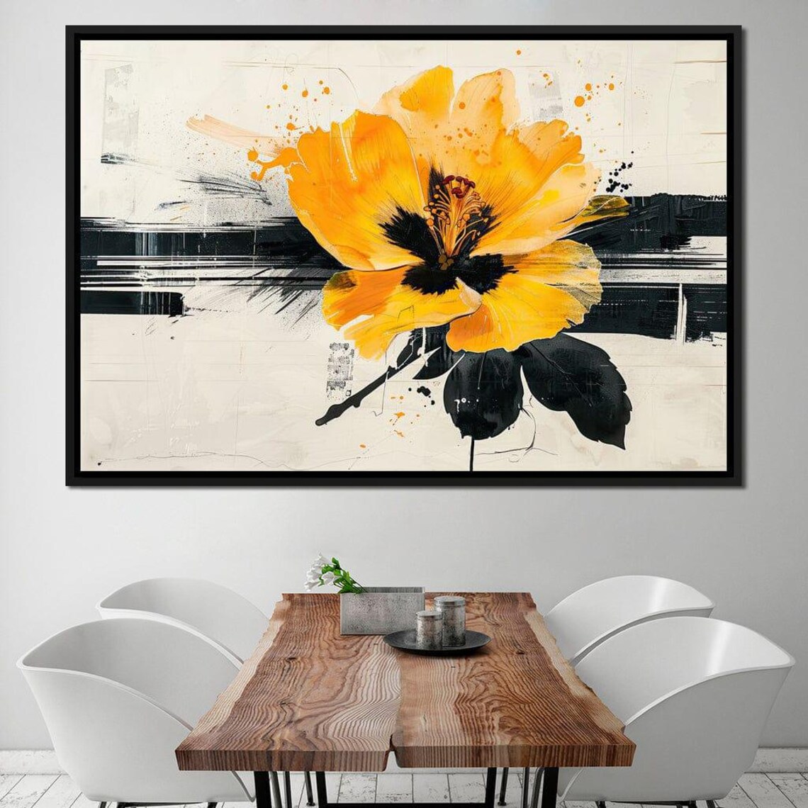 Golden Yellow Flower Black White Brushstroke Abstract Wall Art Print - Image 4