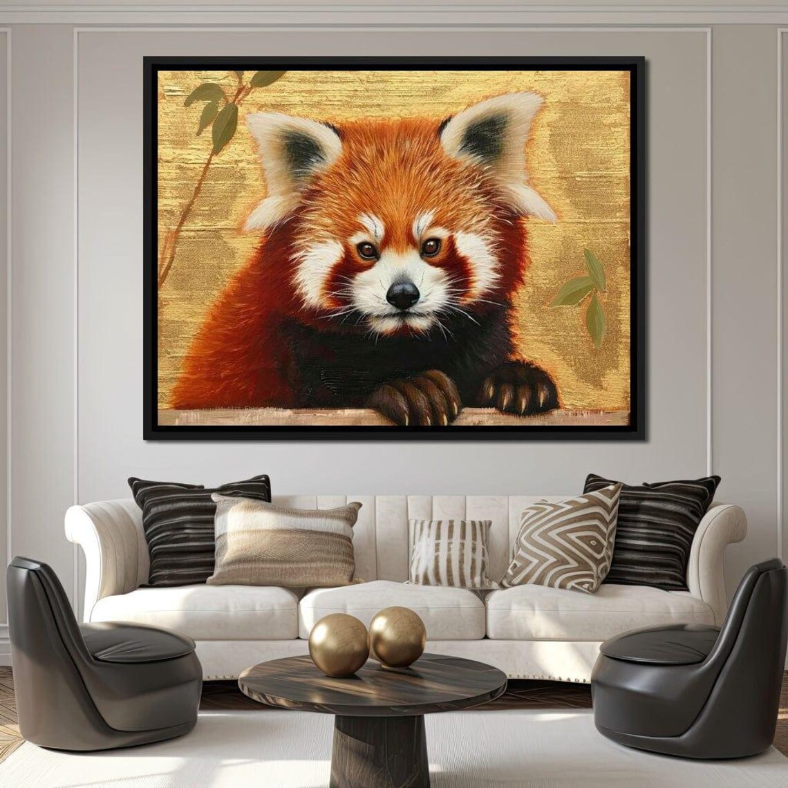 Cute Red Panda Portrait Golden Background Wildlife Art Print - Image 2