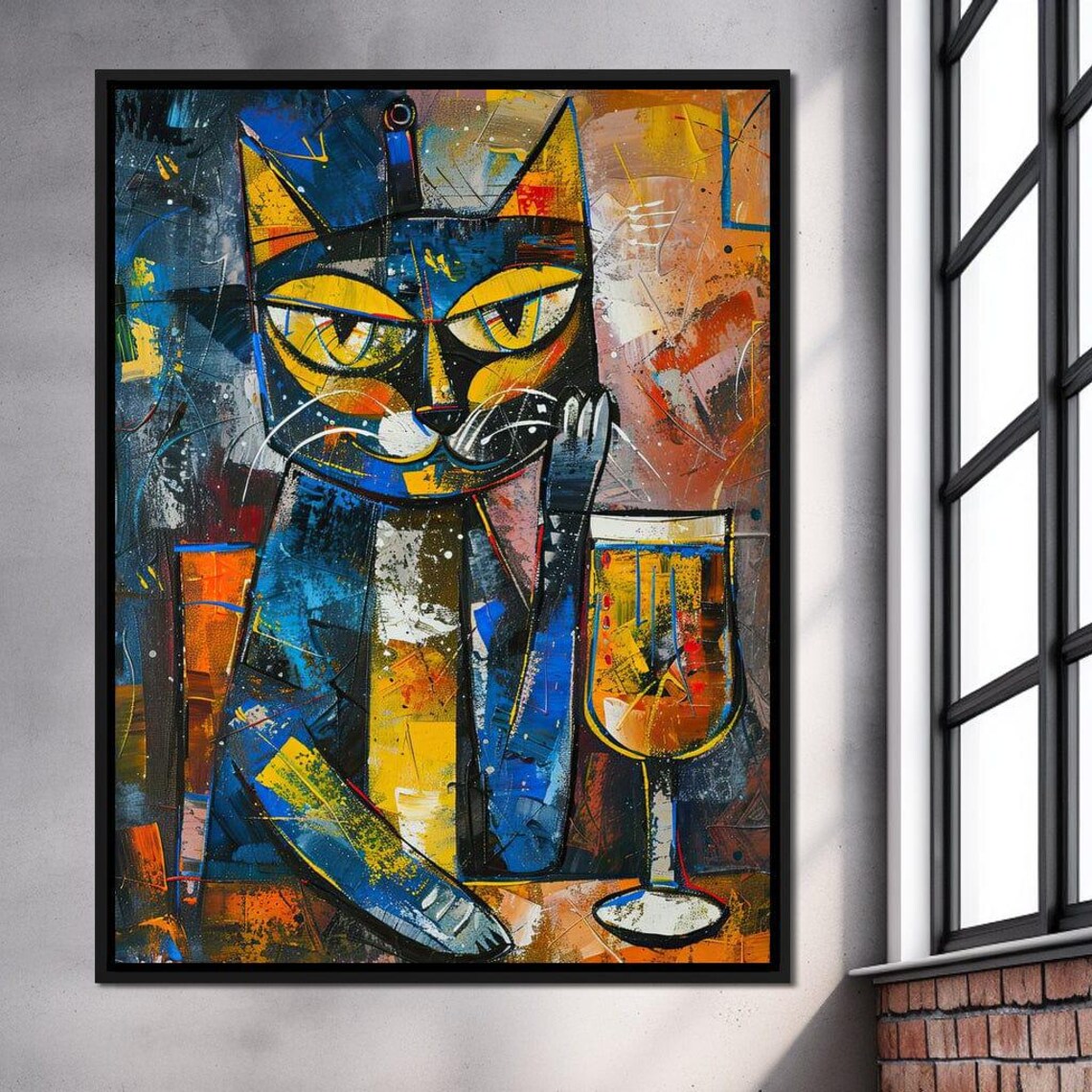 Cubist Black Cat Wine Glass Blue Yellow Whimsical Modern Wall Art - Image 3