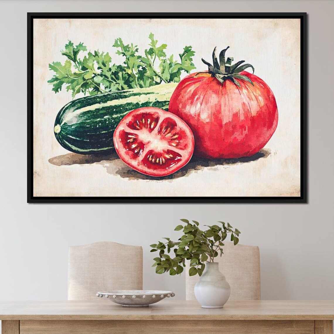 Red Tomato Half Slice Cucumber Parsley Watercolor Kitchen Wall Art