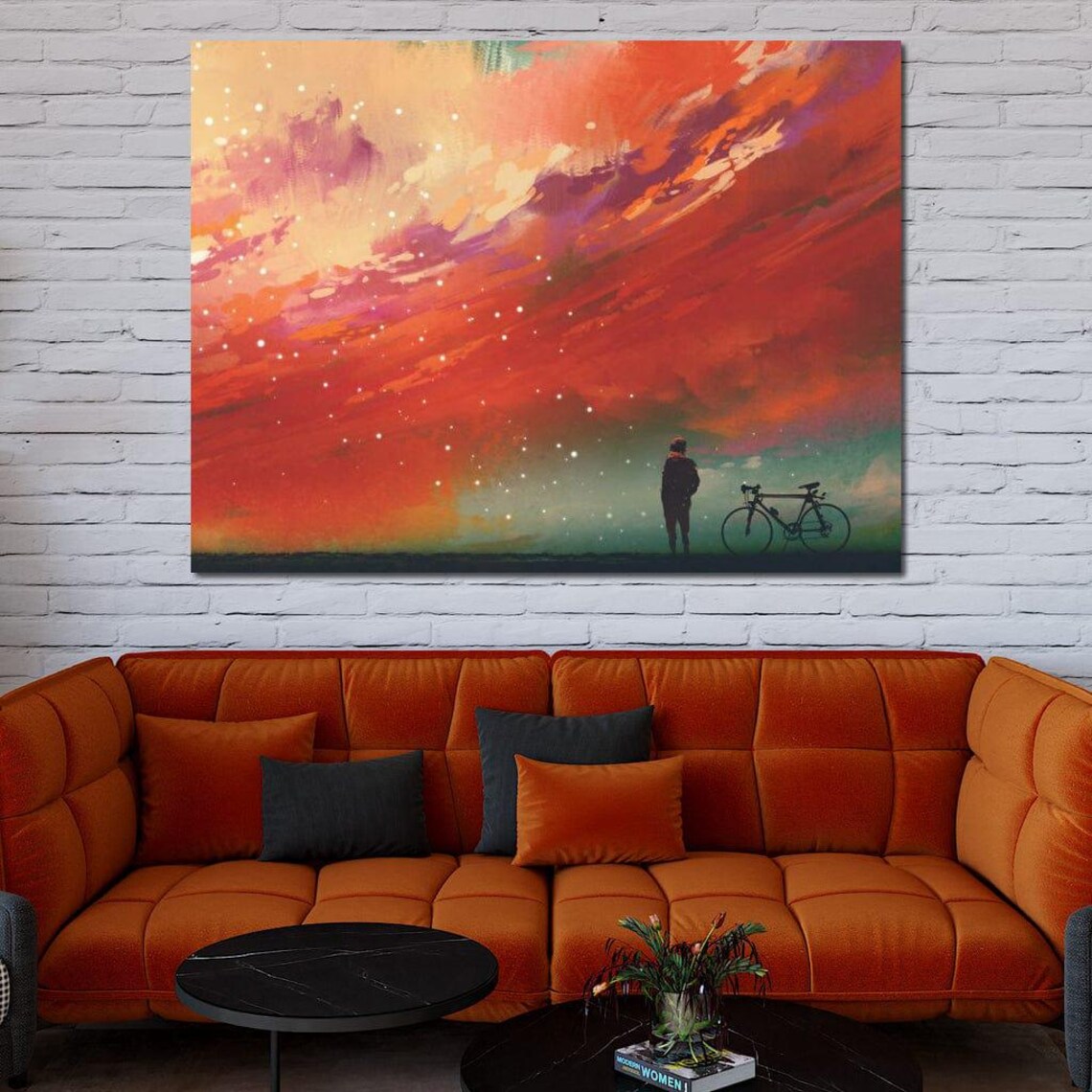Silhouette Person With Bicycle Under Fiery Red Starry Sky Art Poster - Image 3