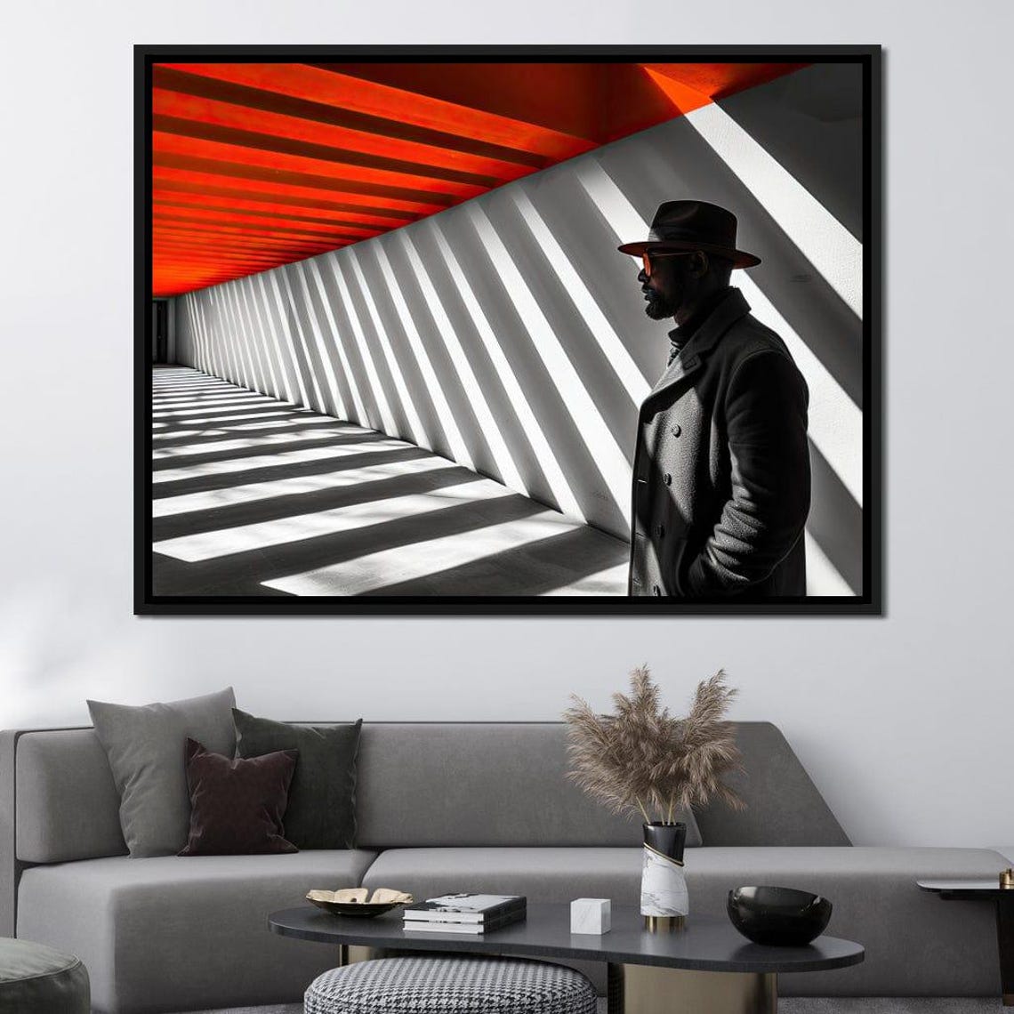 Man Fedora Hat Red Ceiling Light Shadow Corridor Noir Style Poster - Image 2