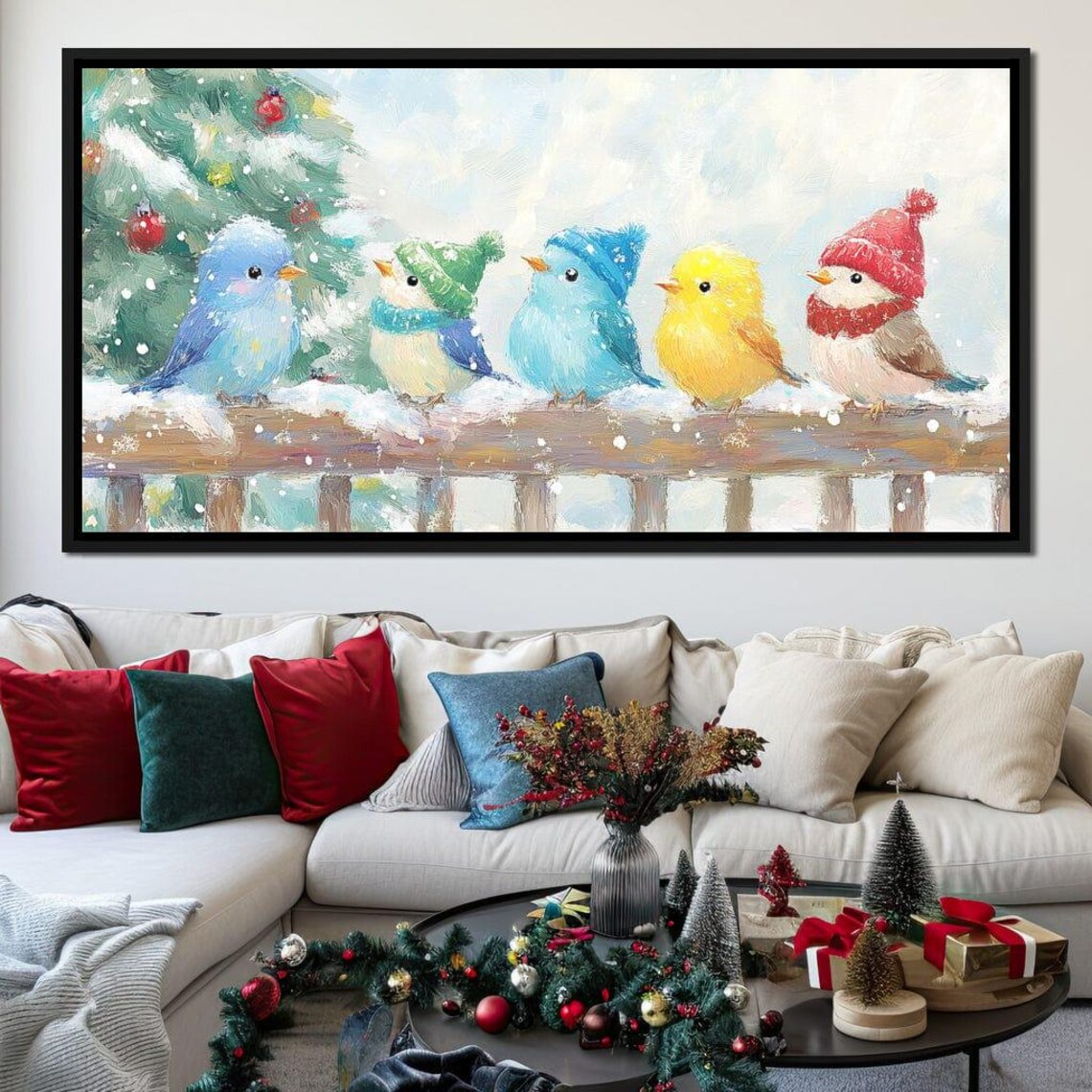 Five Colorful Birds In Knit Hats On Snowy Branch Winter Holiday Poster - Image 2