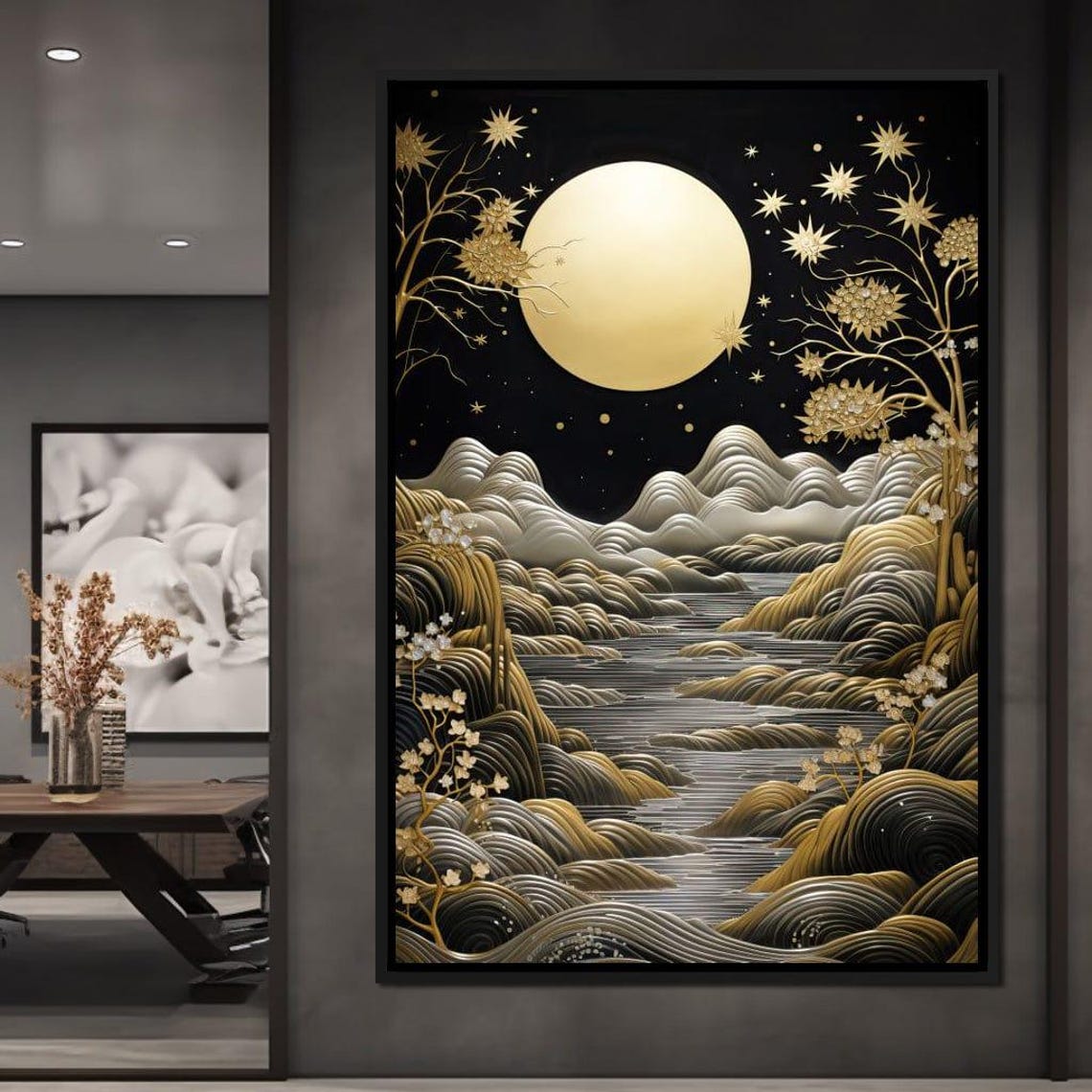 Fairytale Of Gold Moonlit Night Waves Celestial Dream Poster