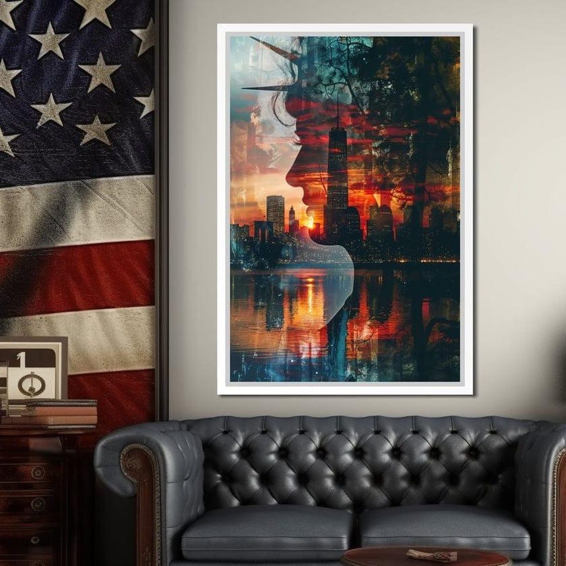 Statue Of Liberty Double Exposure NYC Skyline Sunset Reflection Poster - Image 2