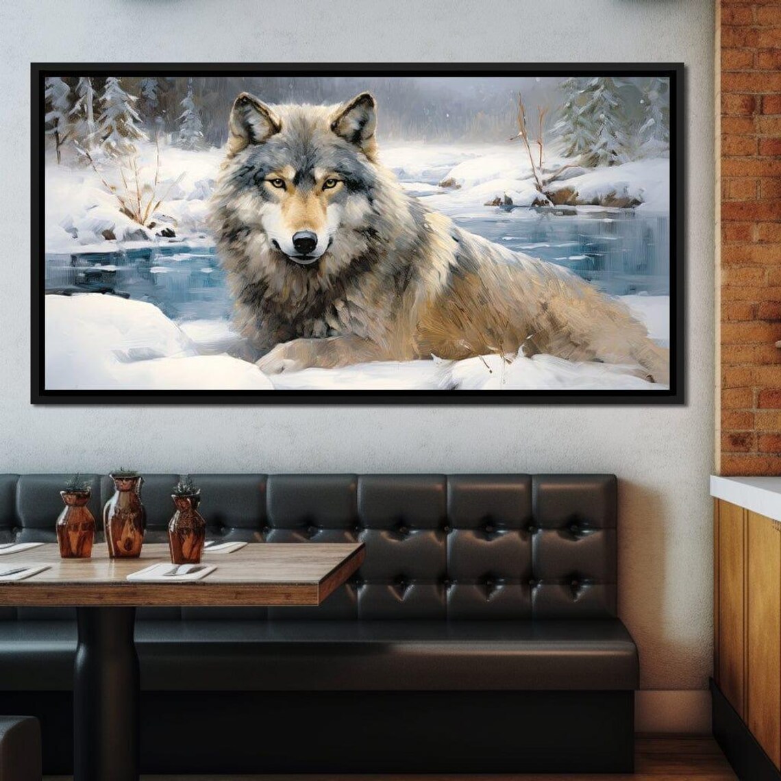 Majestic Grey Wolf Snowy Forest Stream Winter Wildlife Art Poster - Image 4