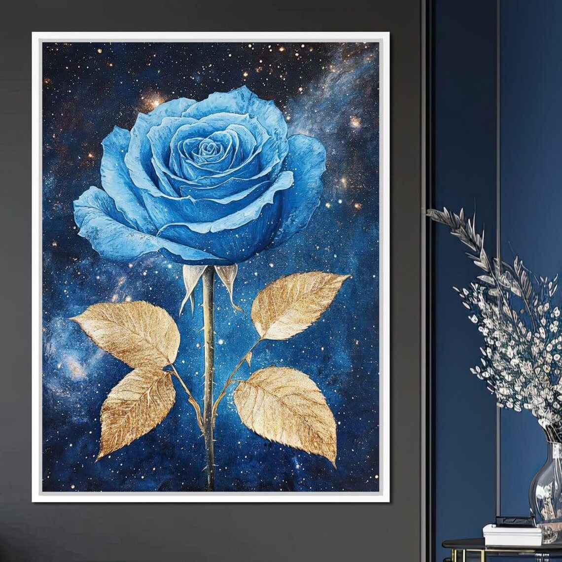Blue Rose Gold Leaves Galaxy Starry Night Cosmic Botanical Art Poster - Image 4