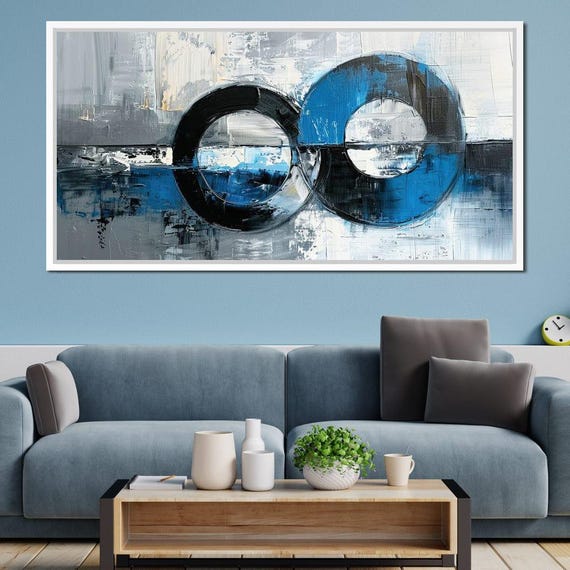 Cerulean Bonds Unfolding Abstract Circles Wall Art Blue Black Grey Geometric Modern Stylish Decor For Living Room By Nichecanvas