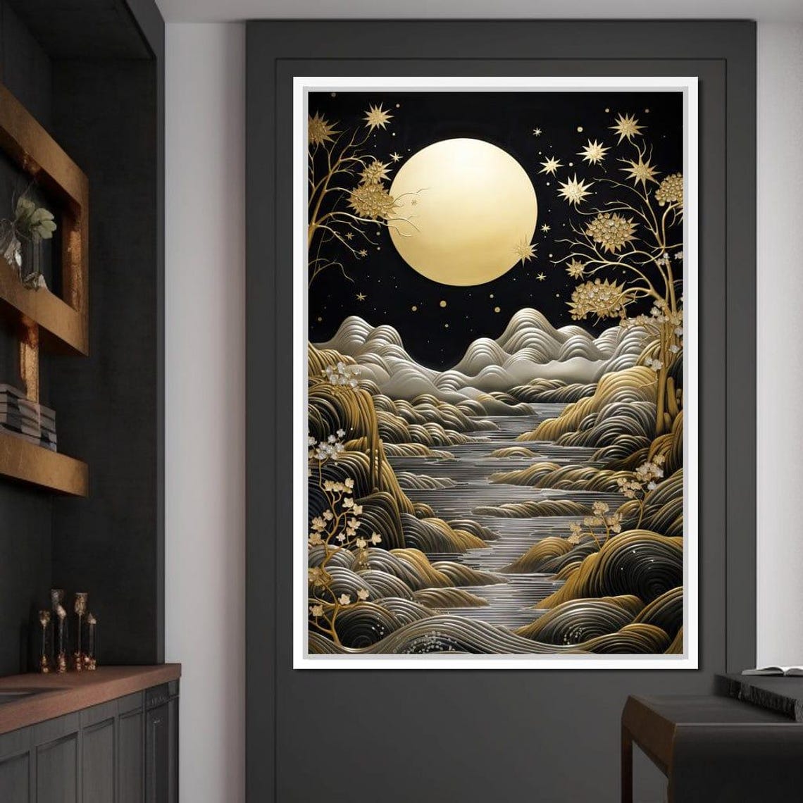 Fairytale Of Gold Moonlit Night Waves Celestial Dream Poster - Image 2