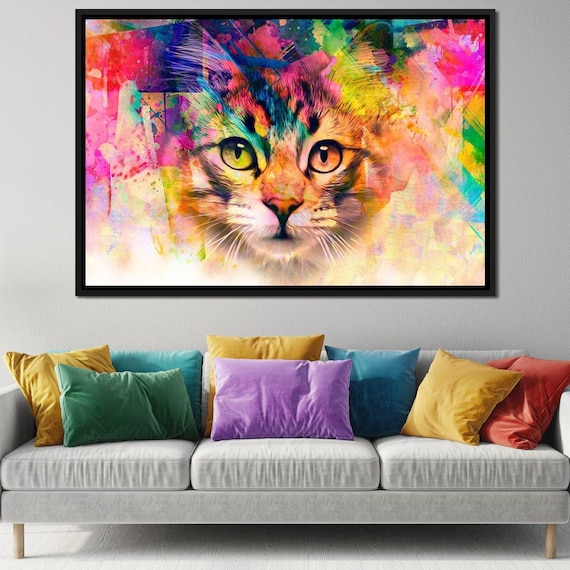 Colorful Rainbow Cat Face Watercolor Abstract Whimsical Feline Wall Art