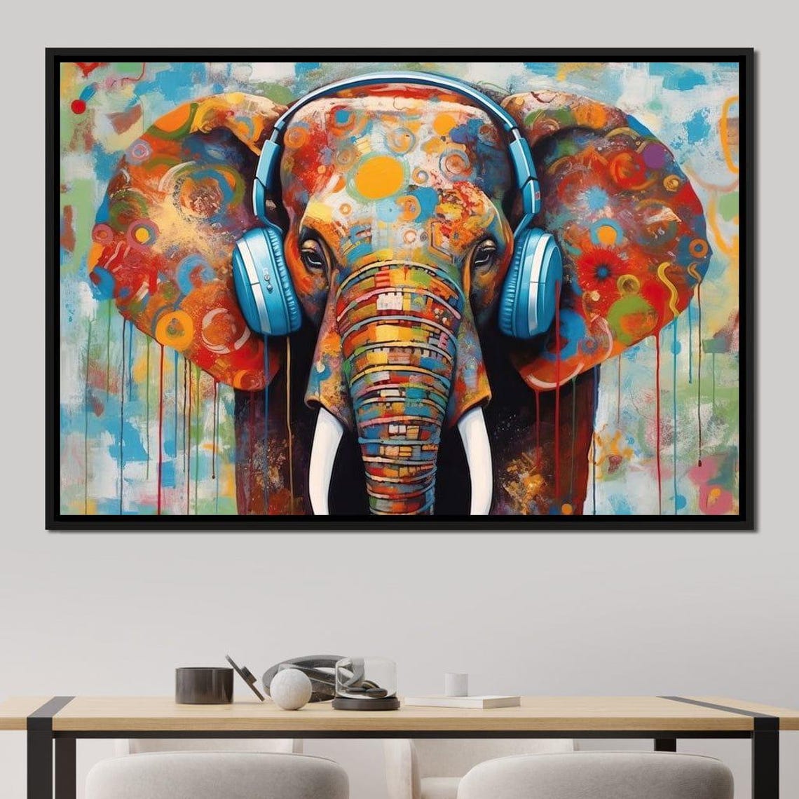 Pop Art Elephant Wearing Headphones Colorful Music Lover Wall Art