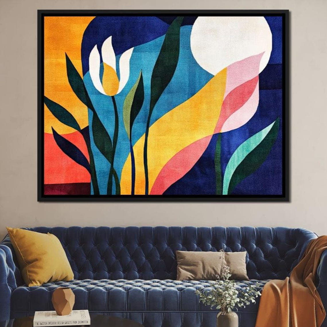 Bold Abstract Tulips Moon Sun Navy Yellow Pink Modern Botanical Poster