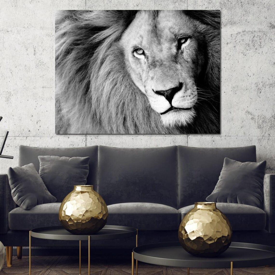 Black And White Lion Portrait Close Up Majestic Mane Wildlife Art Poster - Image 3