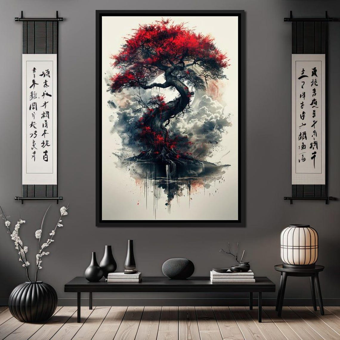 Red Japanese Maple Tree Ink Painting Mist Reflection Zen Wall Art